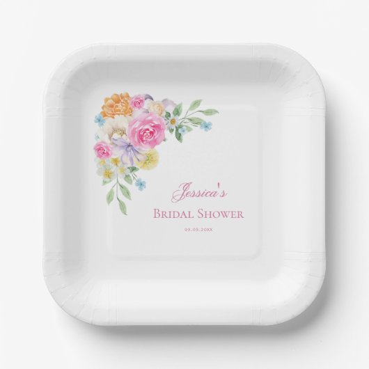 ガーデンティーパーティーウォーターカラーフローラブライダルシャワー ペーパープレート (正面)