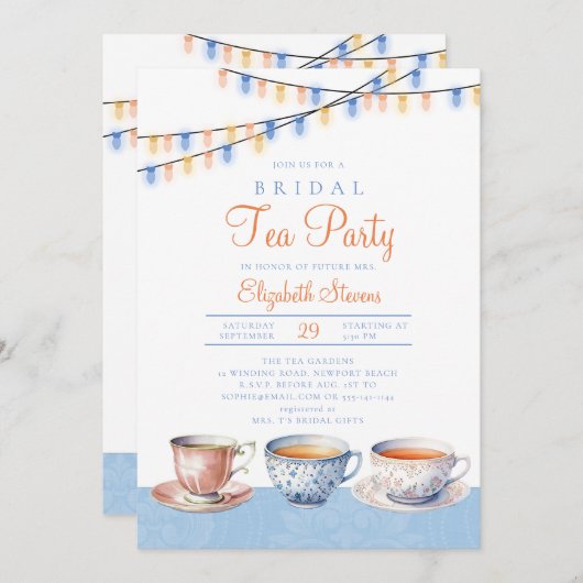 ガーデンティーパーティーブルーピーチライトブライダルシャワー 招待状 (正面/裏面)