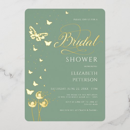 ガーデンバタフライワイルドフラワーセージブライダルシャワー 箔招待状 (正面)