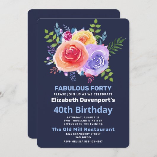 ガーデンバラウォーターカラーフラワーズ誕生日 招待状 (正面/裏面)