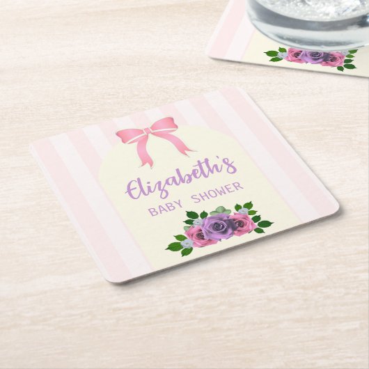 ガーデンバラピンクベビーシャワー スクエアペーパーコースター (アングル)