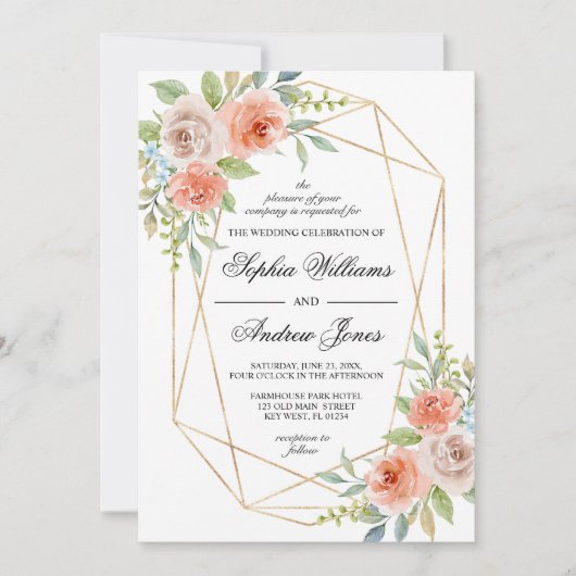 ガーデンバラ&金ゴールドフレーム結婚式招待状 招待状 (正面)