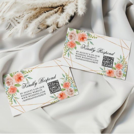 ガーデンバラ&金ゴールドフレ結婚ームのQRコードRSVP エンクロージャーカード