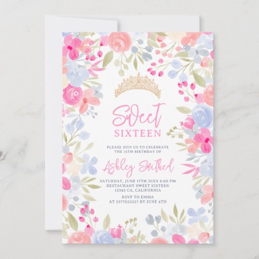 ガーデンパステルワイルドフラワースウィート16誕生日 招待状 (正面)