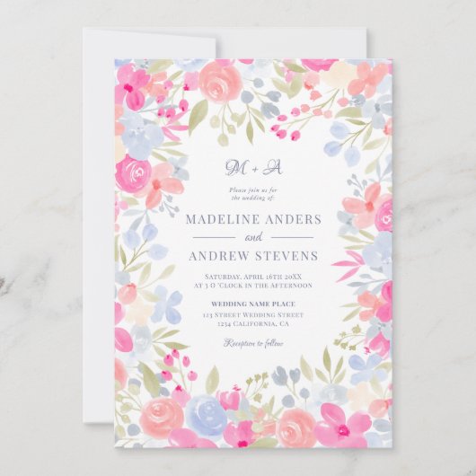 ガーデンパステル野花の写真Qrコード結婚ズ 招待状 (正面)