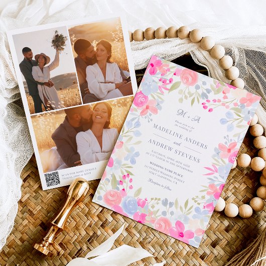 ガーデンパステル野花の写真Qrコード結婚ズ 招待状