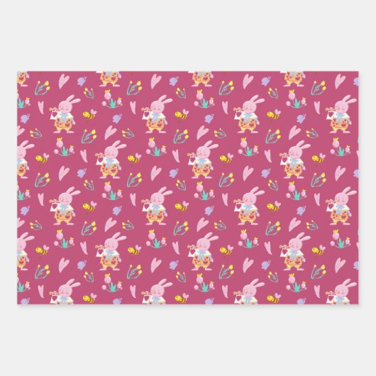 ガーデンパターンキッズの水色ピンクのウサギ ラッピングペーパーシート (正面2)