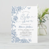 ガーデンパーティーほこりっぽい青い陳腐な赤ちゃんシャワー 招待状 (スタンド正面)
