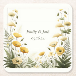 ガーデンパーティーイエローとオリーブのワイルドフラワー スクエアペーパーコースター