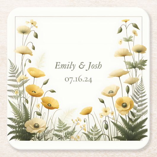 ガーデンパーティーイエローとオリーブのワイルドフラワー スクエアペーパーコースター (正面)