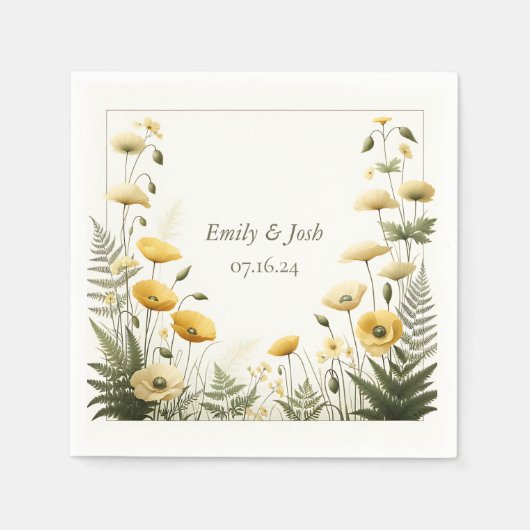 ガーデンパーティーイエローとオリーブのワイルドフラワー スタンダードカクテルナプキン (正面)