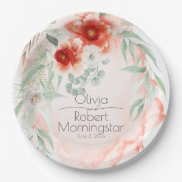 ガーデンパーティーウォーターカラーコーラルフラワー ペーパープレート