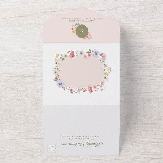 ガーデンパーティーウォーターカラーワイルドフラワーフローラ誕生日 オールインワン招待状 (外側)