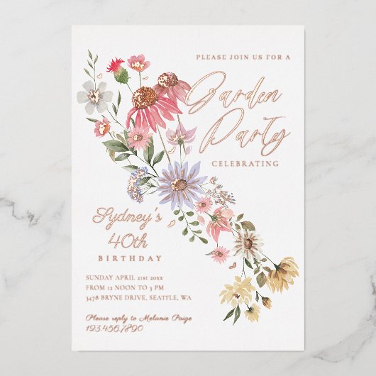 ガーデンパーティーウォーターカラーワイルドフラワーフローラ誕生日 箔招待状 (正面)