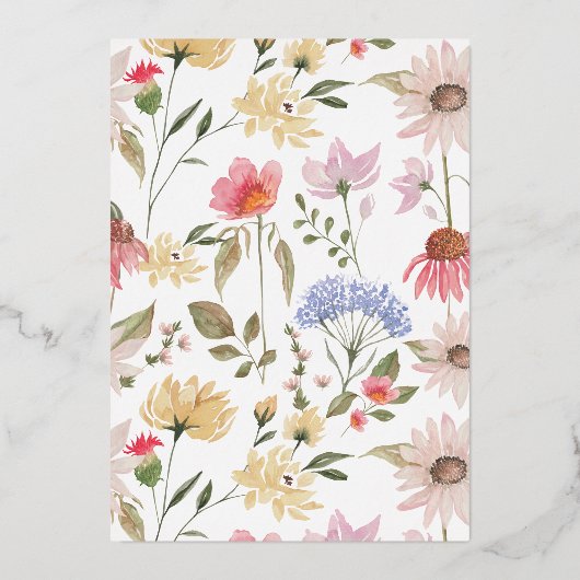 ガーデンパーティーウォーターカラーワイルドフラワーフローラ誕生日 箔招待状 (裏面)