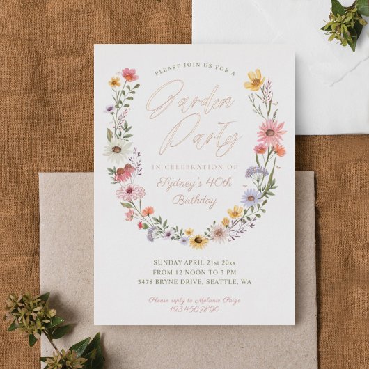 ガーデンパーティーウォーターカラーワイルドフラワーフローラ誕生日 箔招待状