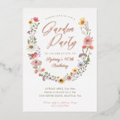 ガーデンパーティーウォーターカラーワイルドフラワーフローラ誕生日 箔招待状 (正面)