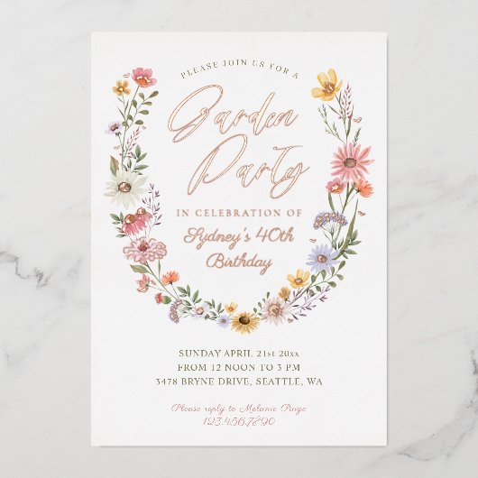 ガーデンパーティーウォーターカラーワイルドフラワーフローラ誕生日 箔招待状 (正面)