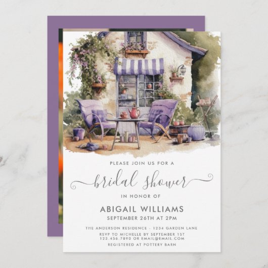 ガーデンパーティーピクニックパープルフローラブライダルシャワー 招待状 (正面/裏面)