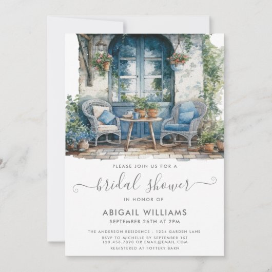 ガーデンパーティーピクニックブルーピンクフローラブライダルシャワー 招待状 (正面)