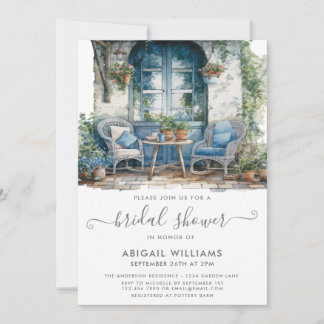 ガーデンパーティーピクニックブルーピンクフローラブライダルシャワー 招待状