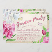 ガーデンパーティーピンクフローラと蝶招待状 招待状 (正面/裏面)