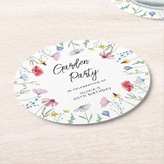 ガーデンパーティーワイルドフラワーズ誕生日 ラウンドペーパーコースター (アングル)