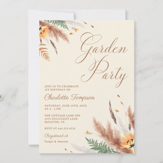 ガーデンパーティーワイルドフラワーフローラ1st誕生日 招待状 (正面)
