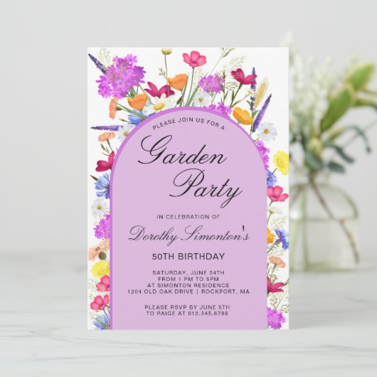 ガーデンパーティー水彩ワイルドフラワー50誕生日 招待状 (スタンド正面)