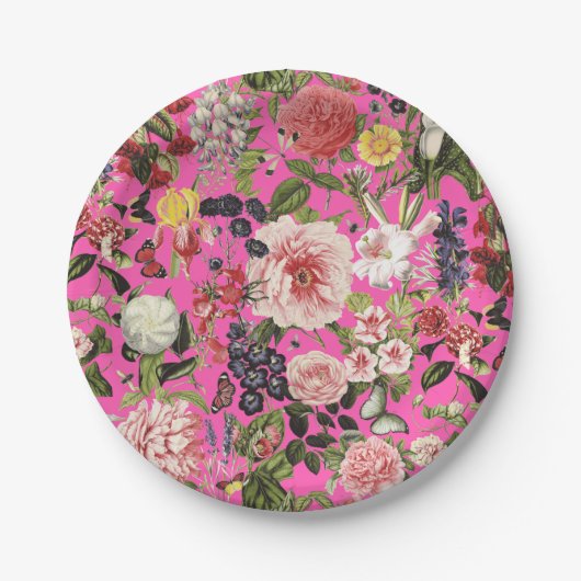 ガーデンパーティ ヴィンテージ フラワー グリーンサム 誕生日 ペーパープレート (正面)