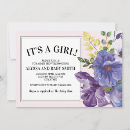 ガーデンパープルイエローピンクフローラガールベビーシャワー 招待状