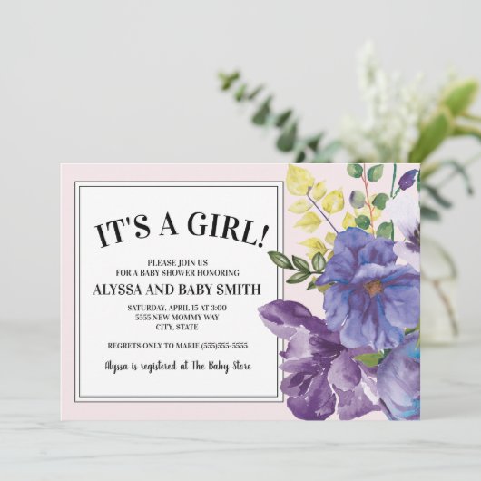 ガーデンパープルイエローピンクフローラガールベビーシャワー 招待状 (スタンド正面)