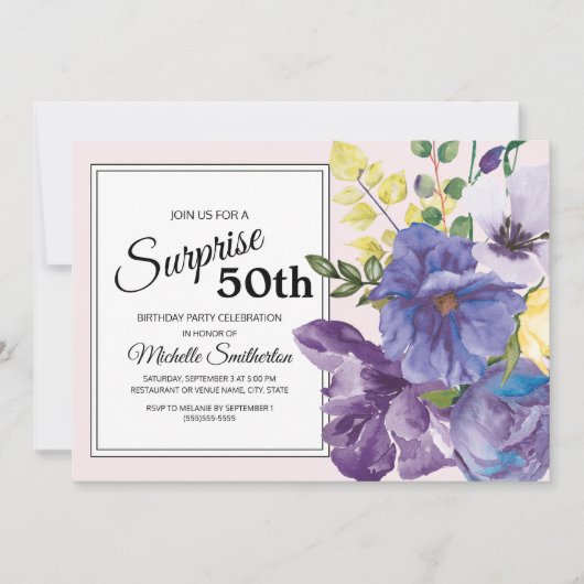 ガーデンパープルイエローピンクフローラ50誕生日 招待状 (正面)