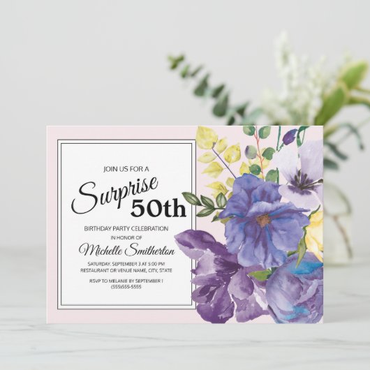 ガーデンパープルイエローピンクフローラ50誕生日 招待状 (スタンド正面)