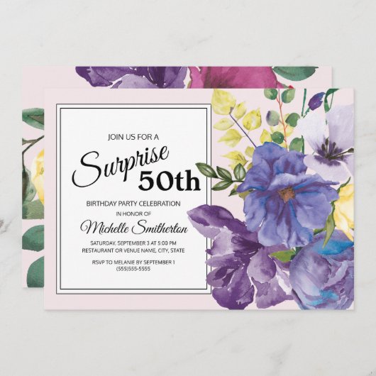 ガーデンパープルイエローピンクフローラ50誕生日 招待状 (正面/裏面)