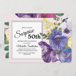 ガーデンパープルイエローピンクフローラ50誕生日 招待状