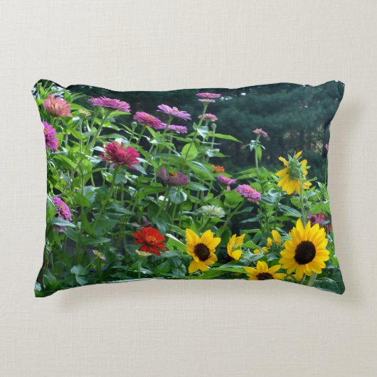 ガーデンビュー夏のフローラピンク赤い黄色の花 アクセントクッション (正面)