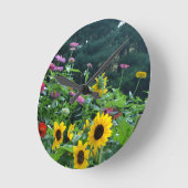 ガーデンビュー – ひまわり、デイジー、コスモス ラウンド壁時計 (傾斜)