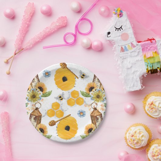 ガーデンビーヒマワリ模様 ペーパープレート (パーティー)