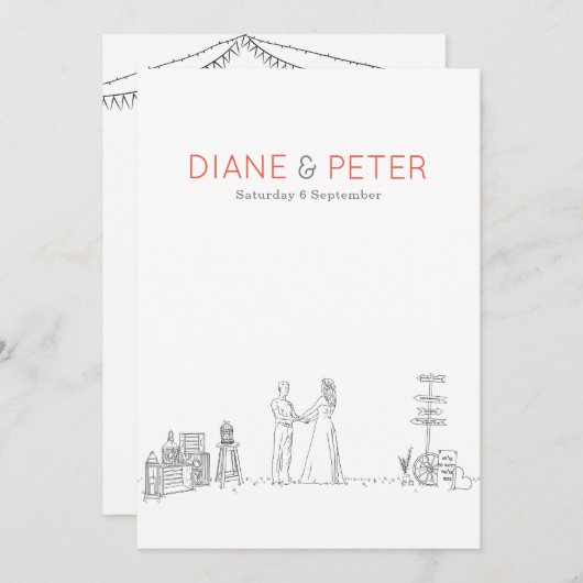 ガーデンピクニックミニマリスト白黒結婚ズ 招待状 (正面/裏面)