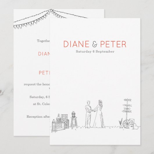 ガーデンピクニック ミニマリスト ブラック＆ホワイト ウェディング 招待状 (正面/裏面)