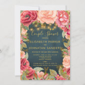 ガーデンピンクのネイビー金ゴールドライトカップルのシャワー 招待状 (正面)