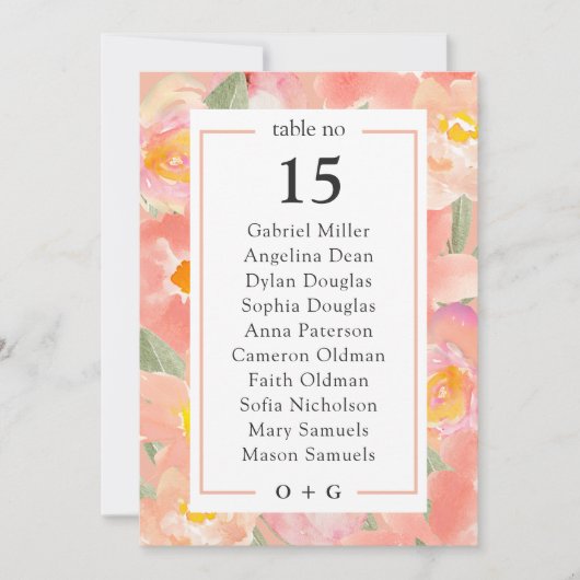 ガーデンピンクの花の座席図夏のテーブルプラン 招待状 (正面)