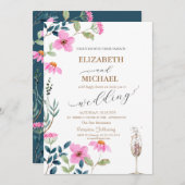 ガーデンピンクの花シャンパングラス結婚ズ 招待状 (正面/裏面)