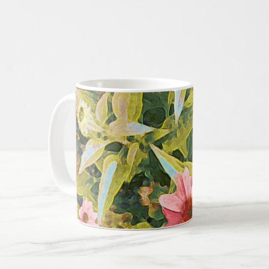 ガーデンピンクコンフォローズグリーン葉オリジナルアート コーヒーマグカップ (正面左)