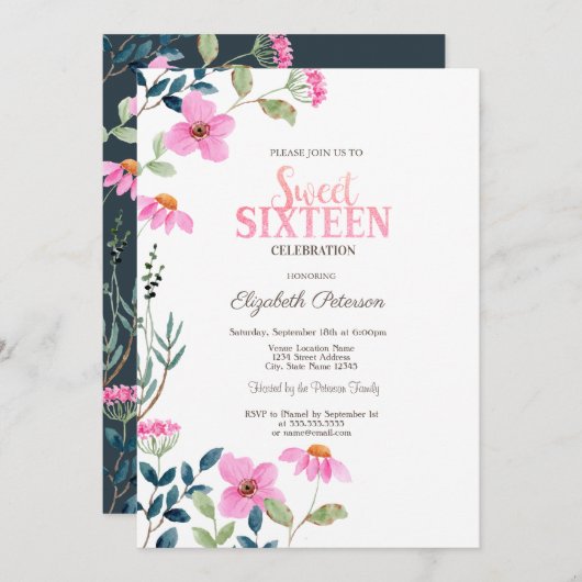 ガーデンピンクフラワーズスウィート16 招待状 (正面/裏面)