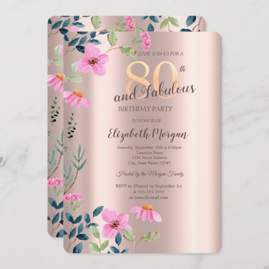 ガーデンピンクフラワーズバラ金ゴールド80誕生日 招待状 (正面/裏面)