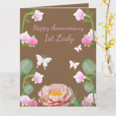 ガーデンピンクフローラバタフライ1stレディーアニバーサリー カード (黄色い花)