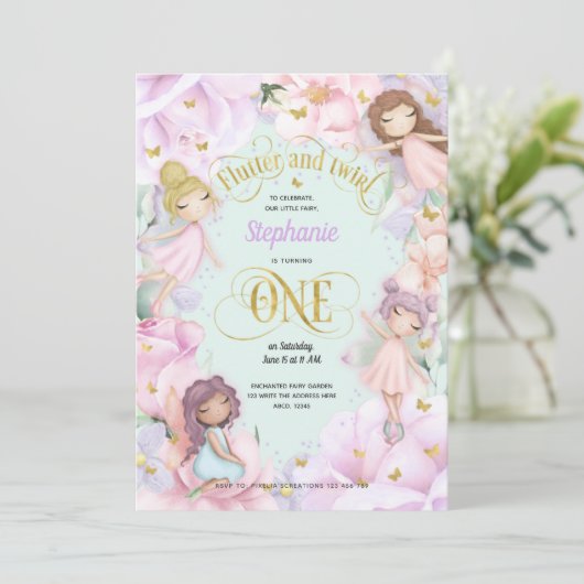 ガーデンフェアリーをテーマにした女の子1歳の誕生日招待状 招待状 (スタンド正面)