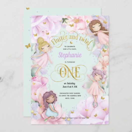ガーデンフェアリーをテーマにした女の子1歳の誕生日招待状 招待状 (正面/裏面)